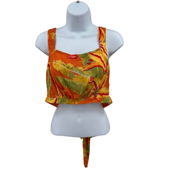 Haute Hippie Tropical Leaf Print Crop Top Womens M Orange Button Back Tie Waist - Picture 2 of 8